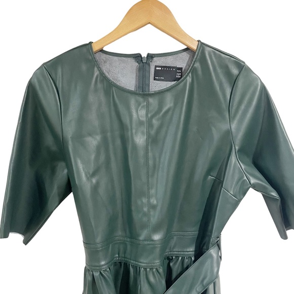 ASOS NWOT Green Faux Leather Dress Belted 10 Petite T shirt Mini Skater - Picture 3 of 9